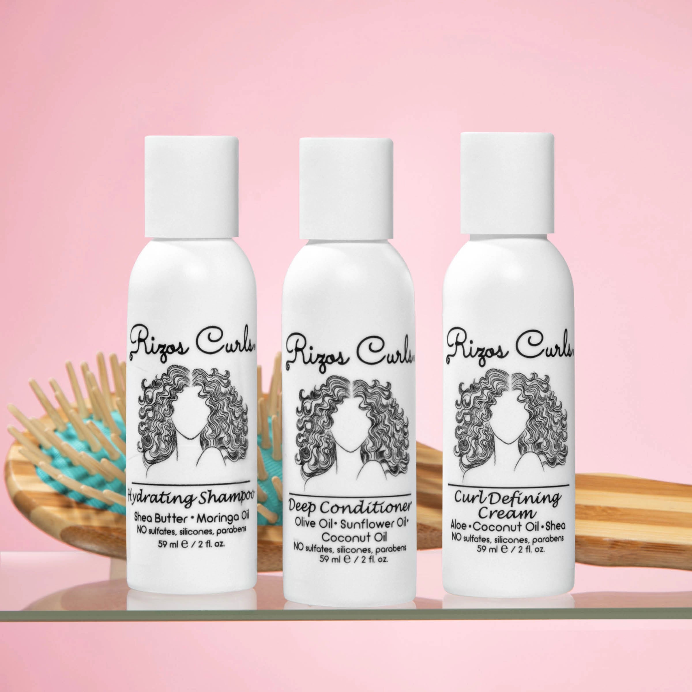 Rizos Curls Travel Kit Trio: Curl Defining Cream, Shampoo, Conditioner